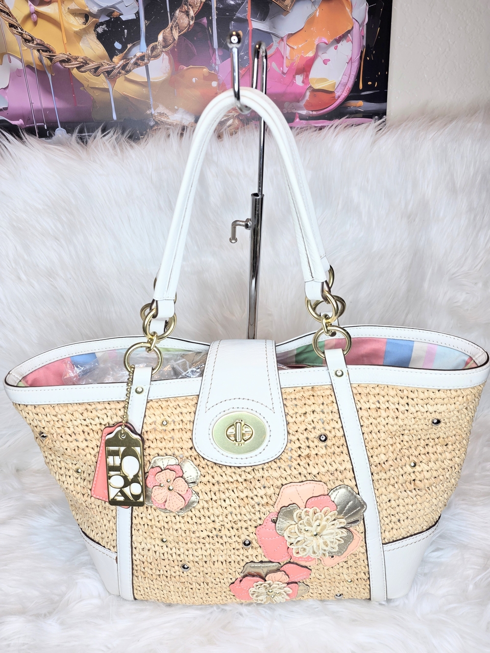 Coach Hamptons LE 2pcs Straw Flower Tote & Wristlet Set Coral Appliqué Floral - Picture 3 of 15